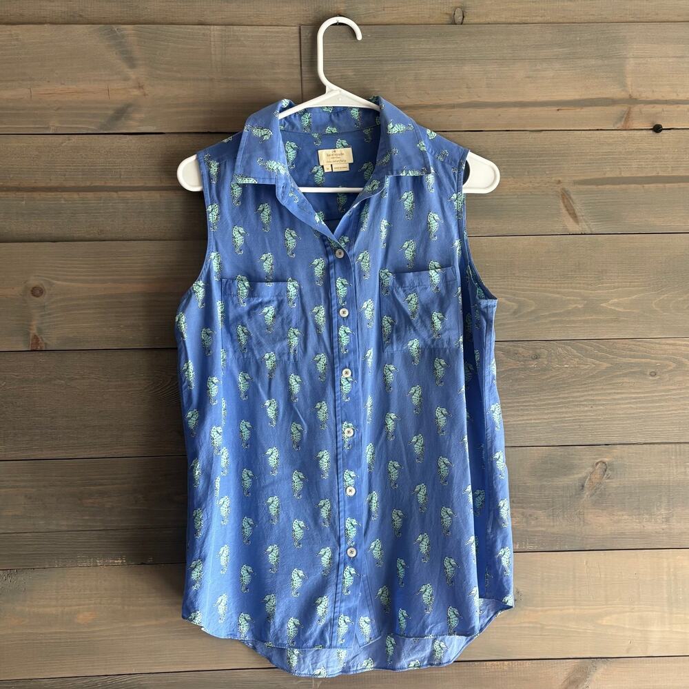 KATE SPADE | New York Seahorse Print Sleeveless Silk Blend Shirt Blue Size M EUC